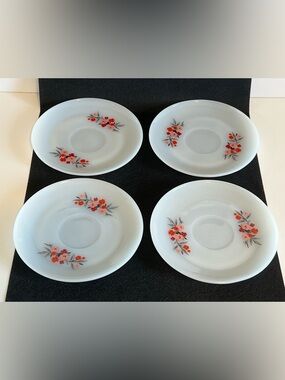Lot of 4 Beautiful Vintage Fire King Primrose Saucers USA Red Pink Floral Flower